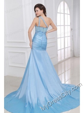 Blue A-Line Sweetheart Taffeta Prom Dresses with Appliques Brush Train