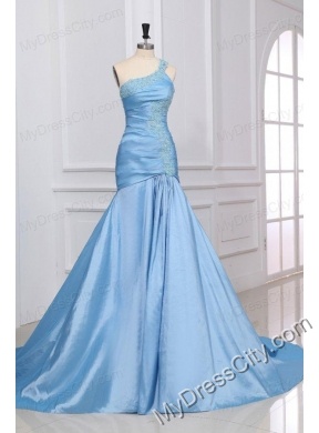 Blue A-Line Sweetheart Taffeta Prom Dresses with Appliques Brush Train