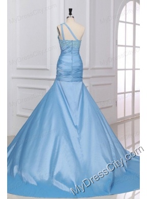 Blue A-Line Sweetheart Taffeta Prom Dresses with Appliques Brush Train