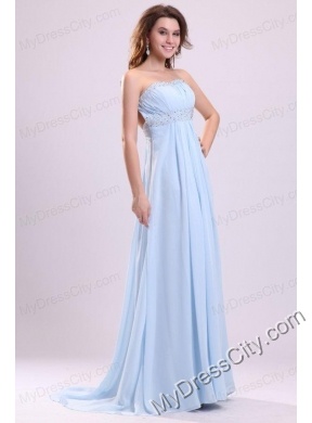 Blue Empire Strapless Brush Train Beading Chiffon Prom Dress with Backless