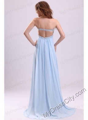 Blue Empire Strapless Brush Train Beading Chiffon Prom Dress with Backless