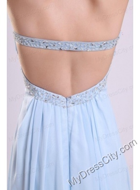 Blue Empire Strapless Brush Train Beading Chiffon Prom Dress with Backless