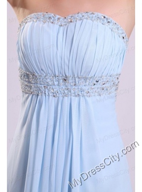 Blue Empire Strapless Brush Train Beading Chiffon Prom Dress with Backless