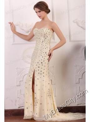 Champagne Sweetheart Column Court Train Rhinestone and Silt Prom Dress