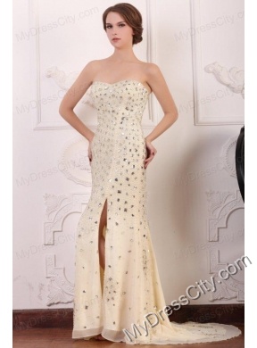 Champagne Sweetheart Column Court Train Rhinestone and Silt Prom Dress