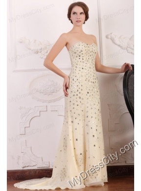 Champagne Sweetheart Column Court Train Rhinestone and Silt Prom Dress