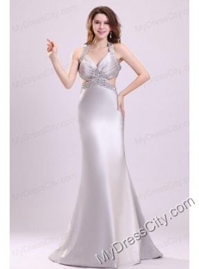 Column Gray Ruching Appliques Halter Top Brush Train Prom Dress