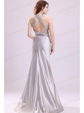 Column Gray Ruching Appliques Halter Top Brush Train Prom Dress