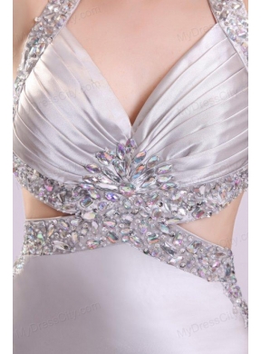 Column Gray Ruching Appliques Halter Top Brush Train Prom Dress