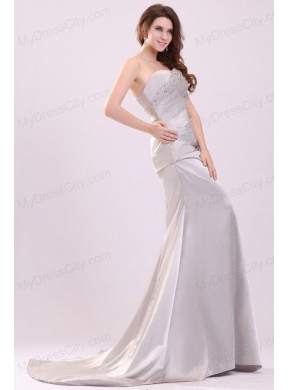 Column Strapless Beading and Ruching Brush Train Prom Dress