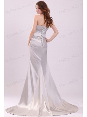 Column Strapless Beading and Ruching Brush Train Prom Dress