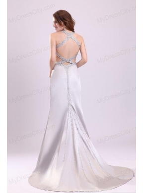 Column Straps Beading Satin Brush Train Gray Prom Dress