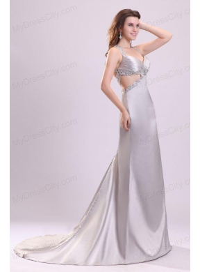 Column Straps Beading Satin Brush Train Gray Prom Dress