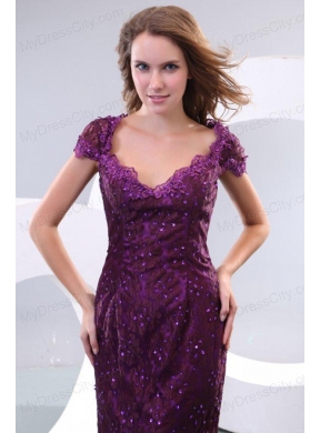 Column V-neck Short Sleeves Appliques Brush Train Prom Dress in Purple