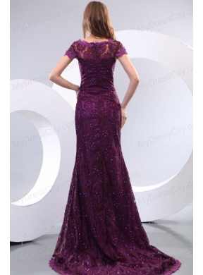 Column V-neck Short Sleeves Appliques Brush Train Prom Dress in Purple