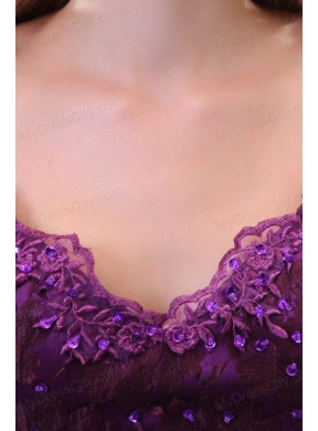 Column V-neck Short Sleeves Appliques Brush Train Prom Dress in Purple