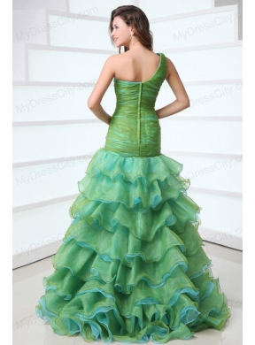 Cute A-Line One Shoulder Organza Beading and Ruffled Layers Green Prom Dress with High-low