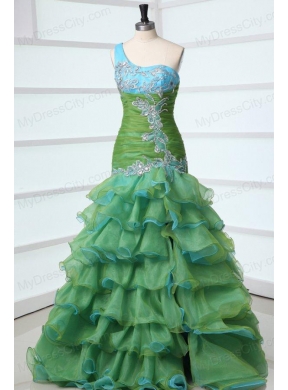 Cute A-Line One Shoulder Organza Beading and Ruffled Layers Green Prom Dress with High-low