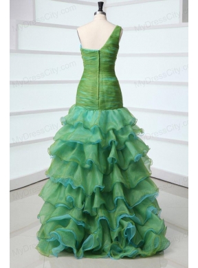 Cute A-Line One Shoulder Organza Beading and Ruffled Layers Green Prom Dress with High-low