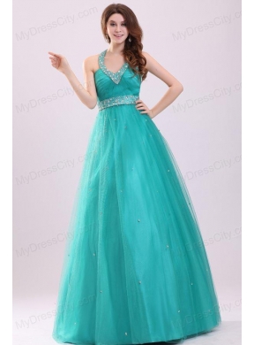 Elegant Turquoise Beading A-line Halter Lace Up Tulle Prom Dress