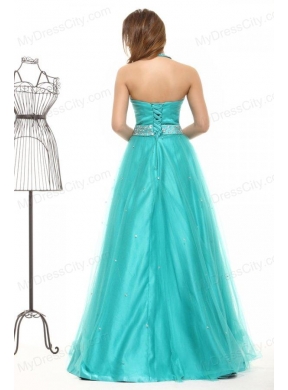 Elegant Turquoise Beading A-line Halter Lace Up Tulle Prom Dress