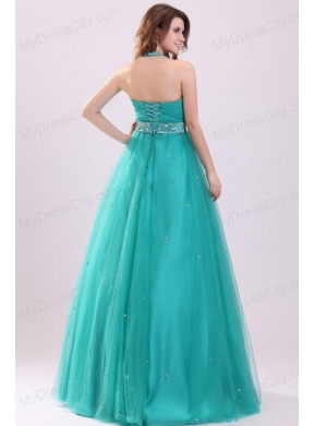 Elegant Turquoise Beading A-line Halter Lace Up Tulle Prom Dress