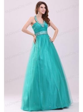 Elegant Turquoise Beading A-line Halter Lace Up Tulle Prom Dress