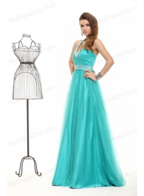 Elegant Turquoise Beading A-line Halter Lace Up Tulle Prom Dress