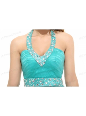 Elegant Turquoise Beading A-line Halter Lace Up Tulle Prom Dress