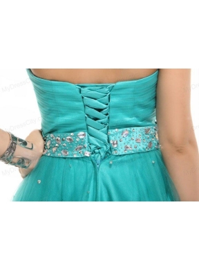 Elegant Turquoise Beading A-line Halter Lace Up Tulle Prom Dress