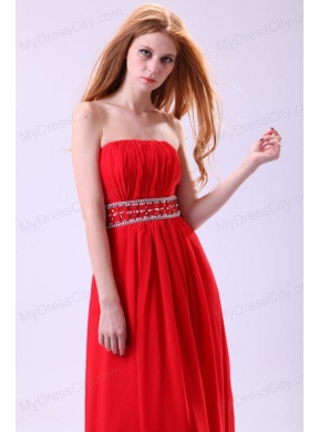 Empire Strapless Red Long Beading Chiffon Floor-length Prom Dress