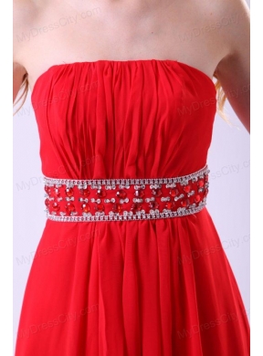 Empire Strapless Red Long Beading Chiffon Floor-length Prom Dress