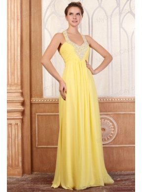 Halter Top Neck Empire Chiffon Yellow Prom Dress with Beading