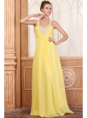 Halter Top Neck Empire Chiffon Yellow Prom Dress with Beading