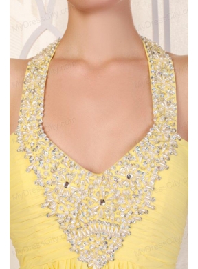 Halter Top Neck Empire Chiffon Yellow Prom Dress with Beading