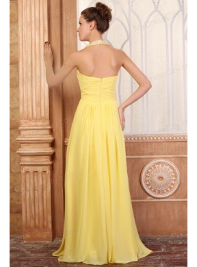 Halter Top Neck Empire Chiffon Yellow Prom Dress with Beading