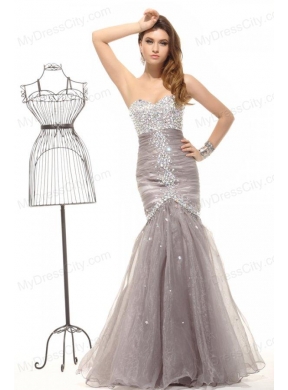 Mermaid Gray Sweetheart Beading and Ruching Organza Long Prom Dress