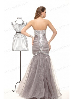 Mermaid Gray Sweetheart Beading and Ruching Organza Long Prom Dress