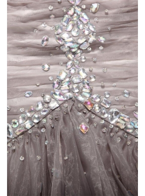 Mermaid Gray Sweetheart Beading and Ruching Organza Long Prom Dress