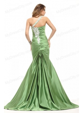 Mermaid One Shoulder Olive Green Prom Dress with White Appliques