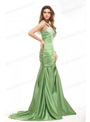 Mermaid One Shoulder Olive Green Prom Dress with White Appliques