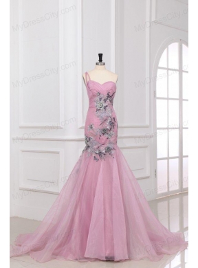 Mermaid One Shoulder Rose Pink Appliques Ruching Organza Long Prom Dress