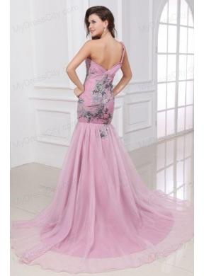 Mermaid One Shoulder Rose Pink Appliques Ruching Organza Long Prom Dress