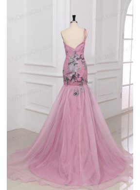 Mermaid One Shoulder Rose Pink Appliques Ruching Organza Long Prom Dress