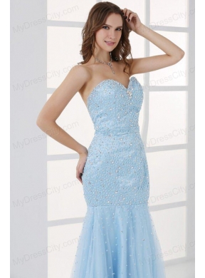 Mermaid Sweetheart Floor-length Light Blue Prom Dress with Beading