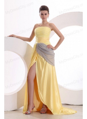 New Column Strapless Ruching Yellow Chiffon Prom Dress with Brush Train