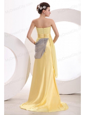 New Column Strapless Ruching Yellow Chiffon Prom Dress with Brush Train