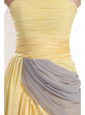 New Column Strapless Ruching Yellow Chiffon Prom Dress with Brush Train