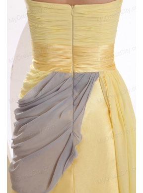 New Column Strapless Ruching Yellow Chiffon Prom Dress with Brush Train