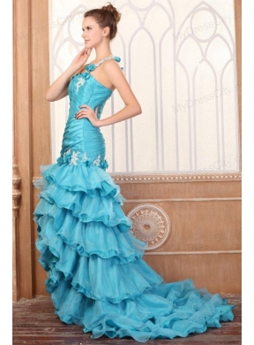 One Shoulder Appliques and Ruffles Layered Column Prom Dress in Teal